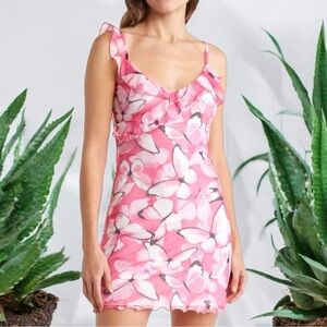 Elodie Ruffle Neck Mesh Cami Dress Butterfly Y2K 90s Style Pink Medium NWT